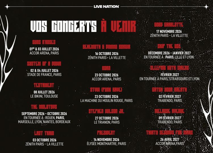 Live Nation présente des concerts Rock & Metal toute l’année !